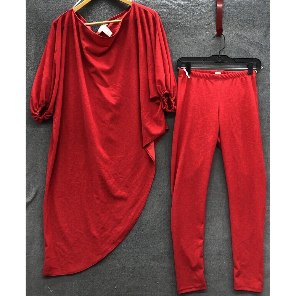 Karen T Design Pants Set Large Red Asymmetric Shirt Balloon Sleeves Leggings
